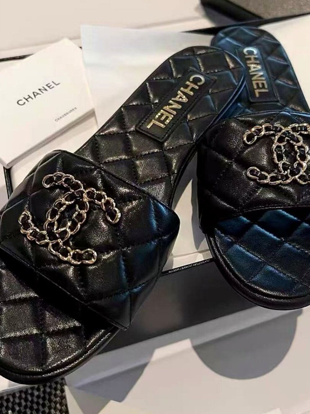 CHANEL Black Quilted Leather Chain CC Slide Sandals